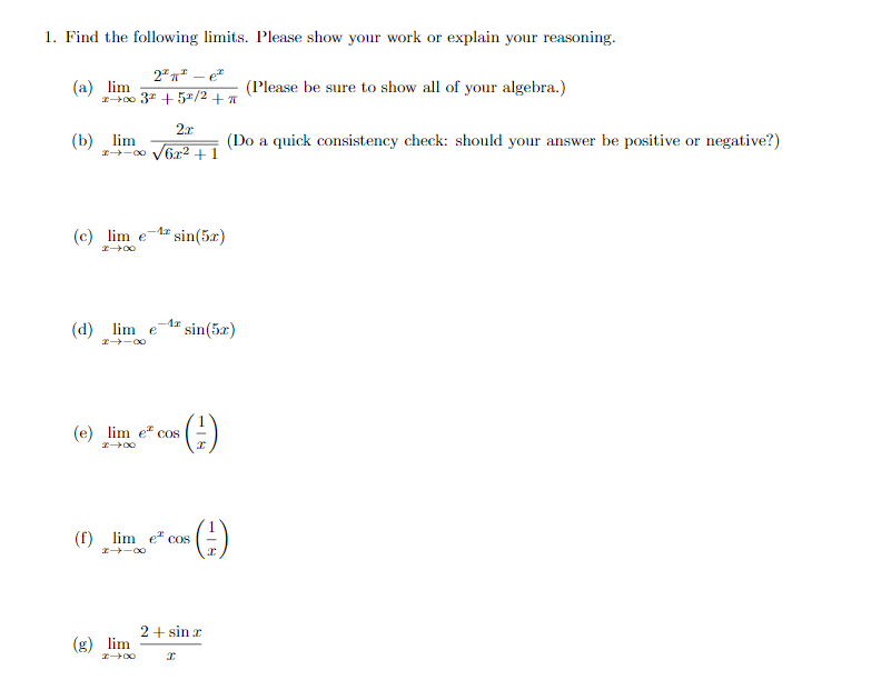 Solved 1. Find the following limits. Please show your work | Chegg.com