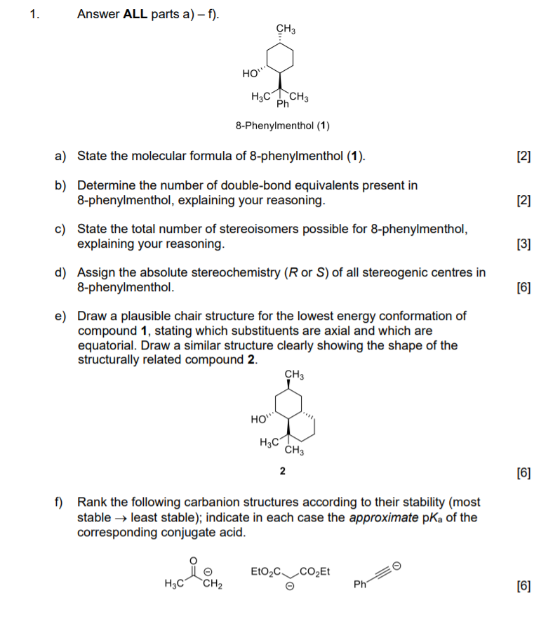 Solved 1. Answer ALL parts a) – f). CH3 HO H3C CH3 Ph | Chegg.com