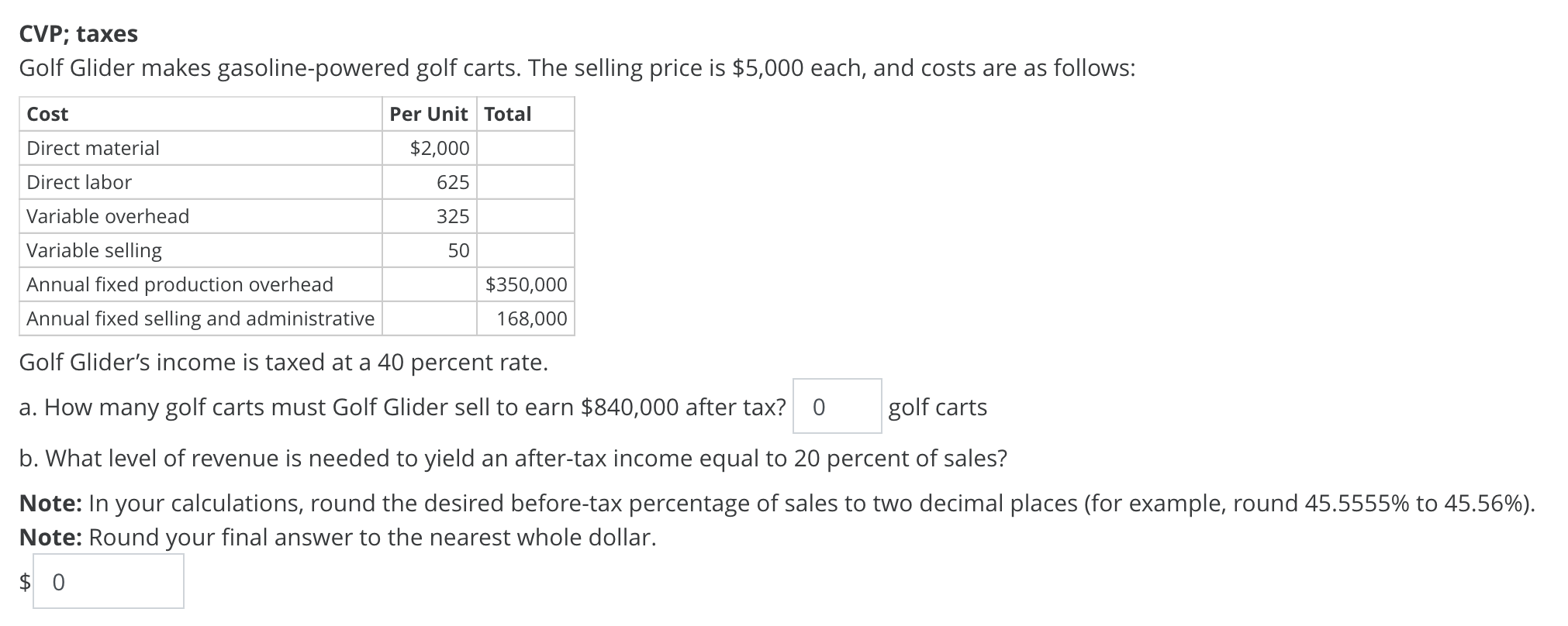 Solved CVP; taxes Golf Glider makes gasolinepowered golf