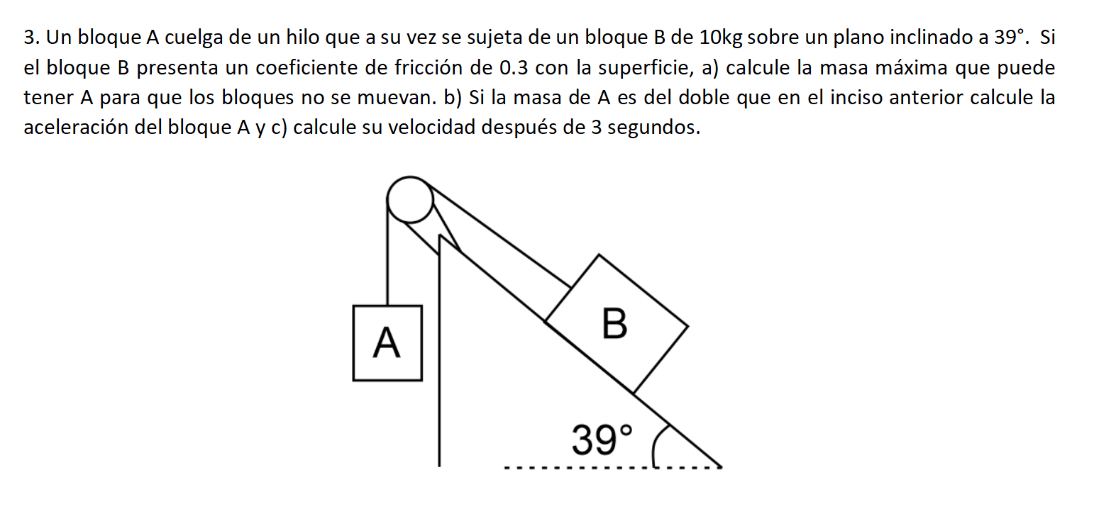 3. Un bloque A cuelga de un hilo que a su vez se sujeta de un bloque B de \( 10 \mathrm{~kg} \) sobre un plano inclinado a \(