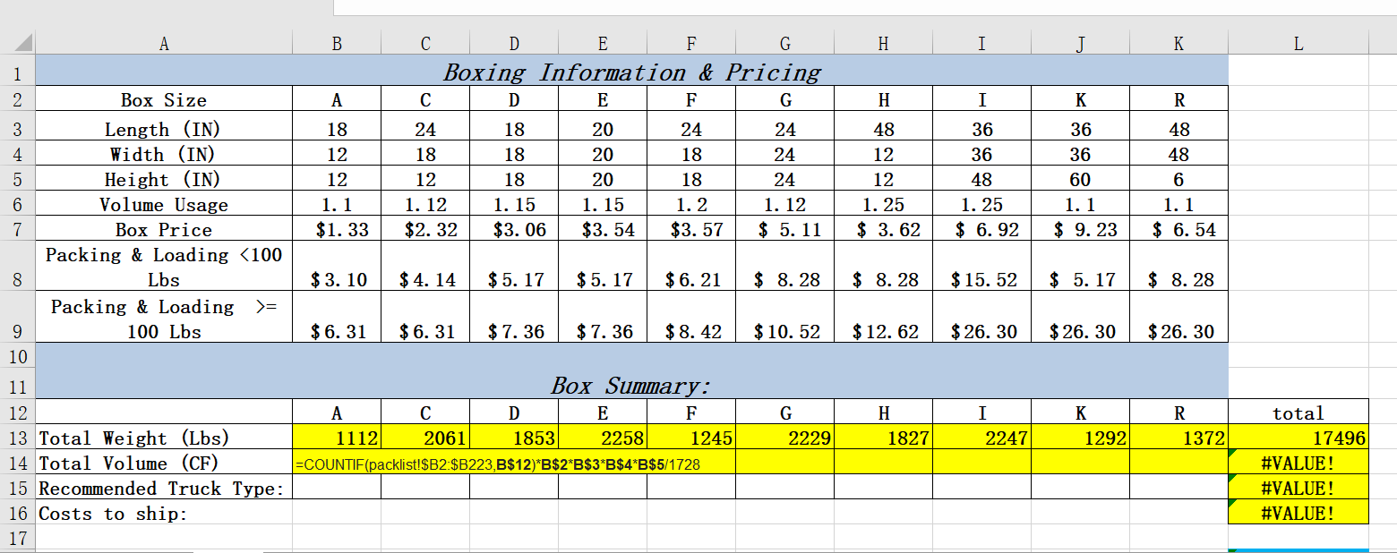 In cell boxes!B14 calculate the volume in