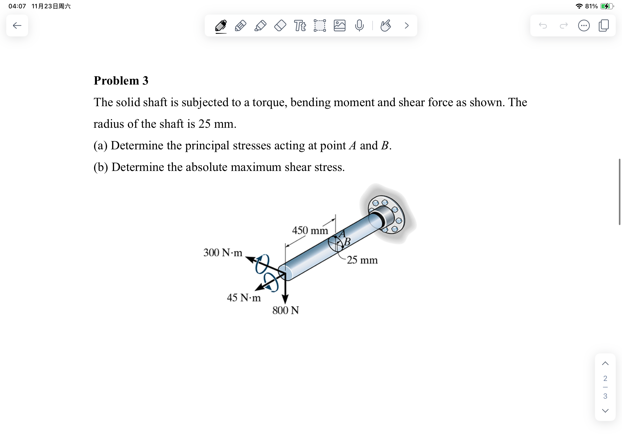 Solved Problem 3The solid shaft is subjected to a torque, | Chegg.com