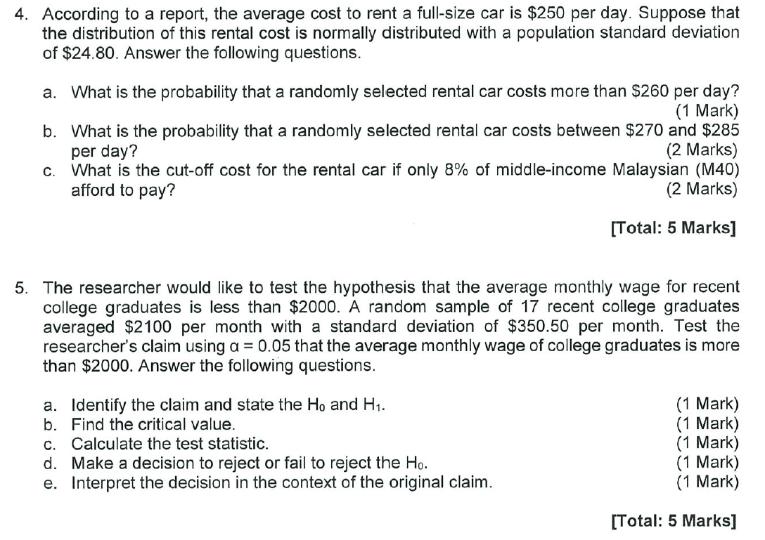 Solved 4. According to a report, the average cost to rent a