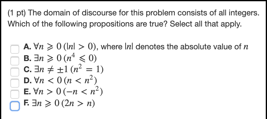Solved (1 pt) The domain of discourse for this problem | Chegg.com