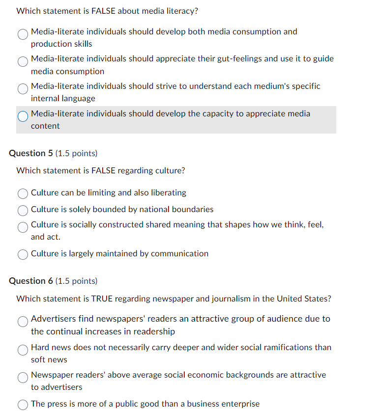 Solved Which statement is FALSE about media literacy? | Chegg.com