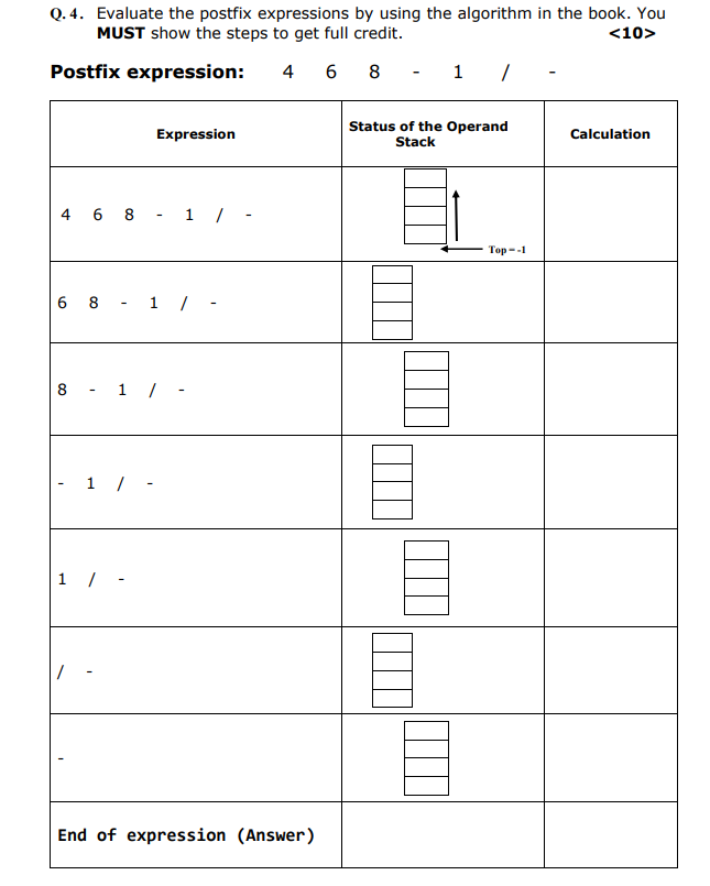 Solved Q.4. Evaluate the postfix expressions by using the | Chegg.com