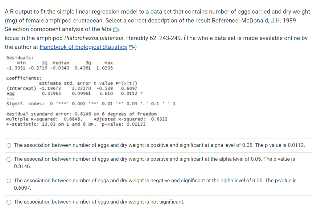 Solved A R output to fit the simple linear regression model | Chegg.com