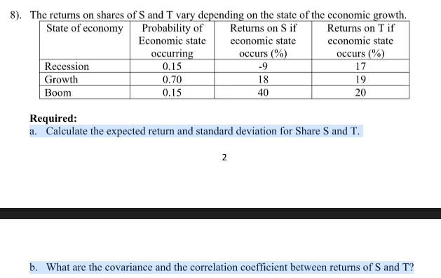 Solved a. Calculate the expected return and standard | Chegg.com