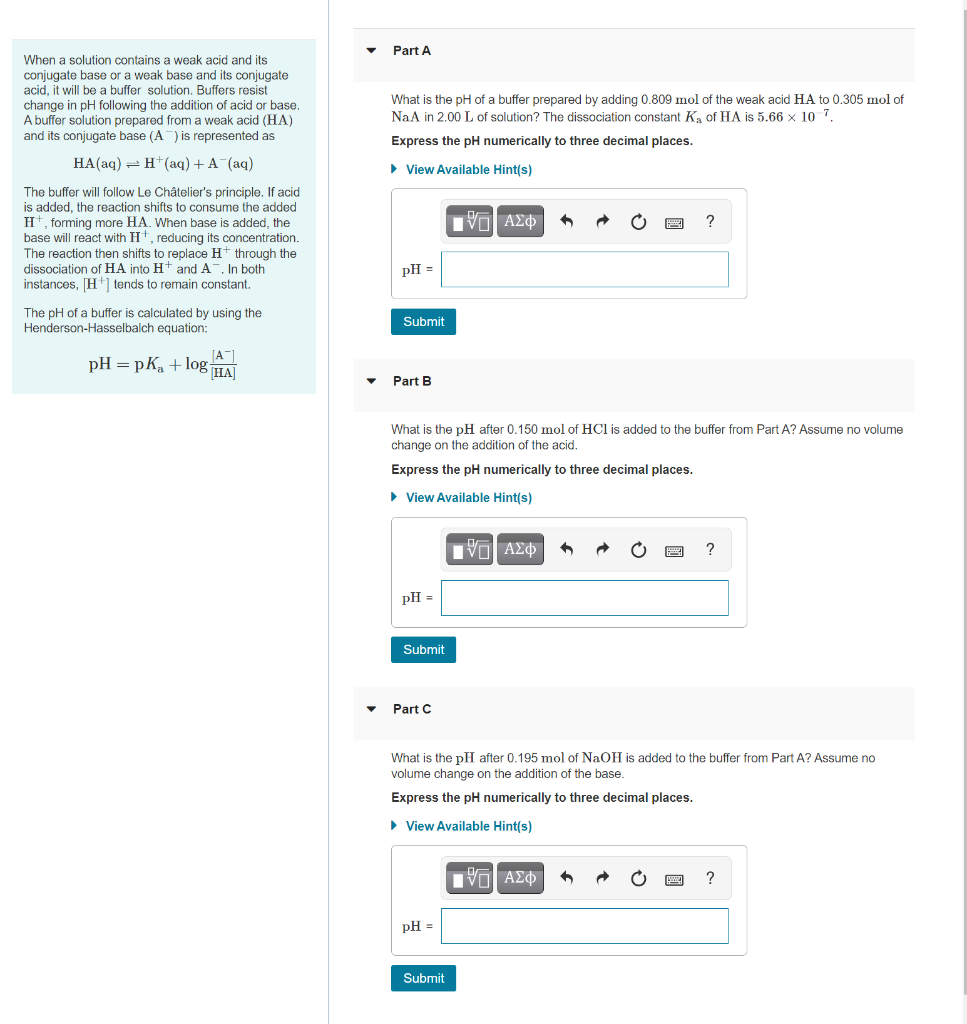 Solved Part A What is the pH of a buffer prepared by adding | Chegg.com