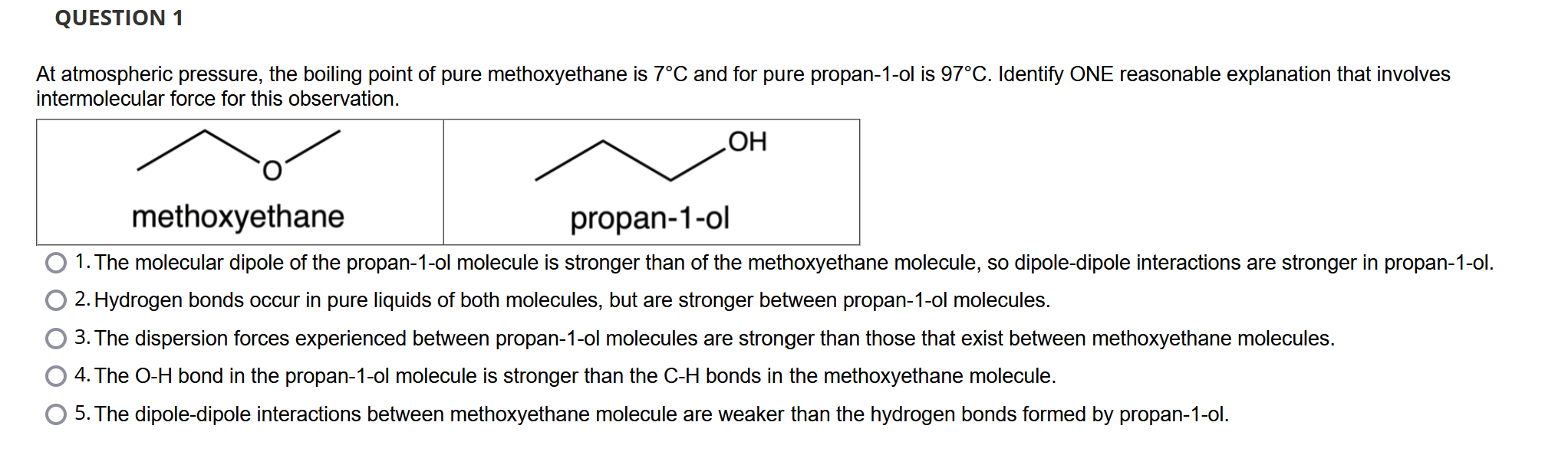 At atmospheric pressure, the boiling point of pure methoxyethane is \( 7^{\circ} \mathrm{C} \) and for pure propan-1-ol is \(