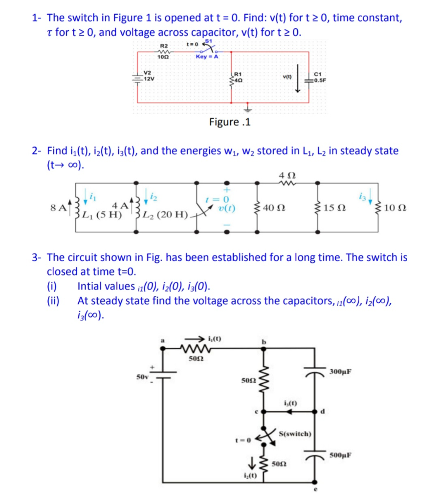 Solved 1- The switch in Figure 1 is opened at t = 0. Find: | Chegg.com