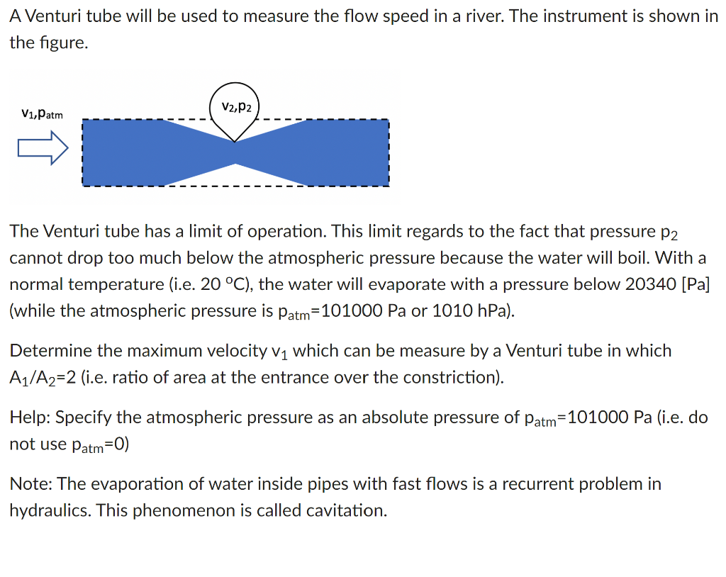 Solved A Venturi tube will be used to measure the flow speed | Chegg.com