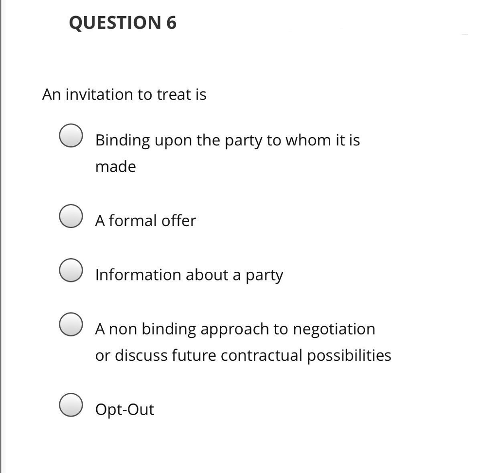 Solved QUESTION 6 An invitation to treat is O Binding upon