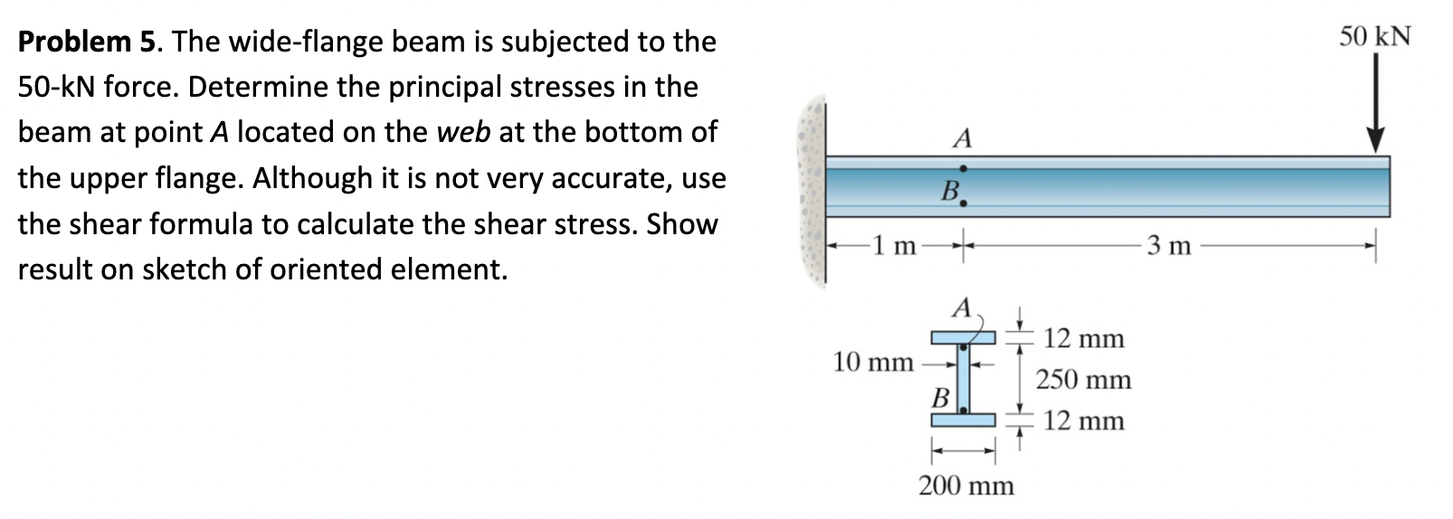 Problem 5. The wide-flange beam is subjected to the 50-kN force. Determine the principal stresses in the beam at point \( A \