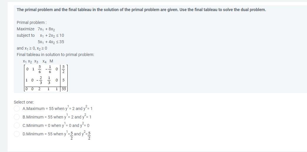 Solved The primal problem and the final tableau in the | Chegg.com