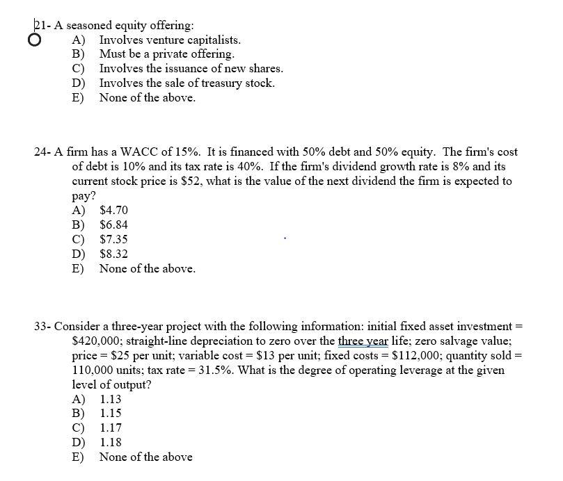 Solved 21 A seasoned equity offering O A) Involves venture