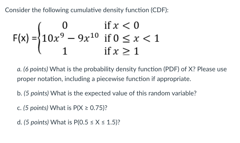 Solved Consider the following cumulative density function | Chegg.com