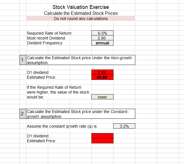 Solved Stock Valuation Exercise Calculate the Estimated