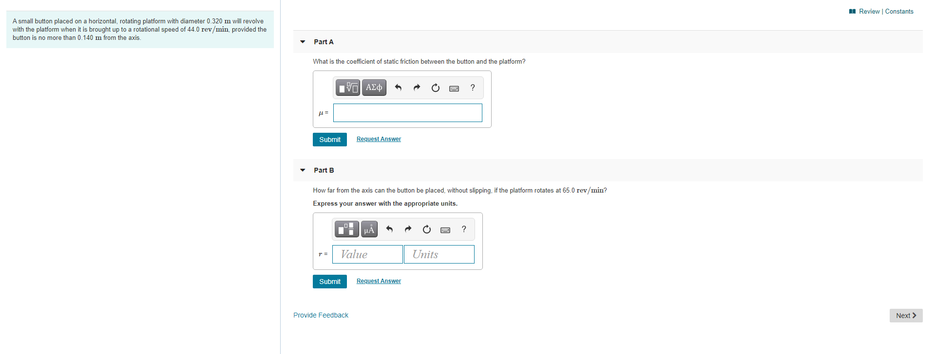 Solved Review Constants A small button placed on a | Chegg.com