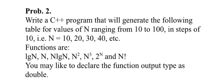 Solved Prob. 2. Write a C++program that will generate the | Chegg.com