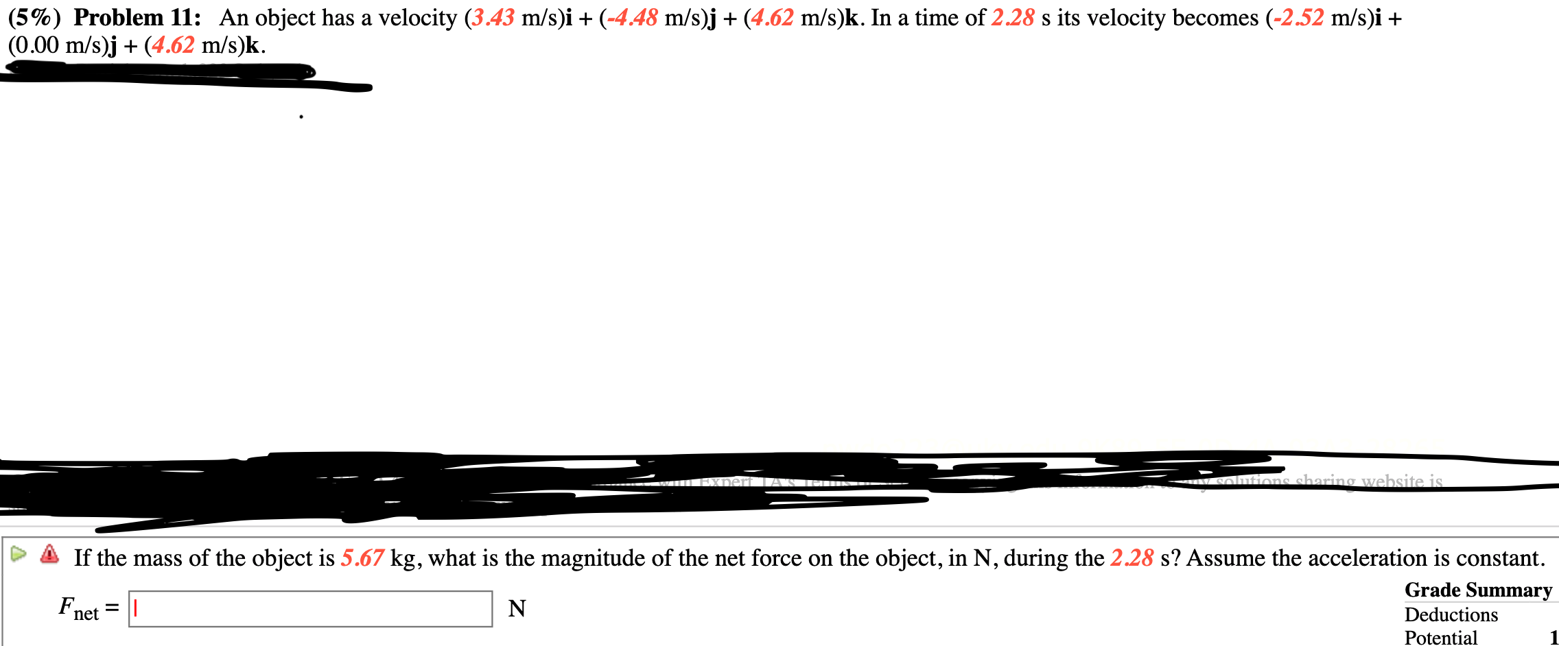 Solved 5 Problem 11 An Object Has A Velocity 3 43 M s i Chegg
