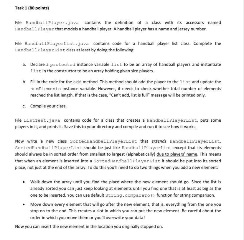 Solved Task 1 (80 points) File Handballplayer.java contains | Chegg.com