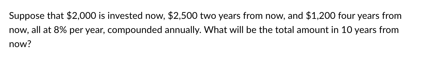 Solved Suppose that $2,000 is invested now, $2,500 two years | Chegg.com