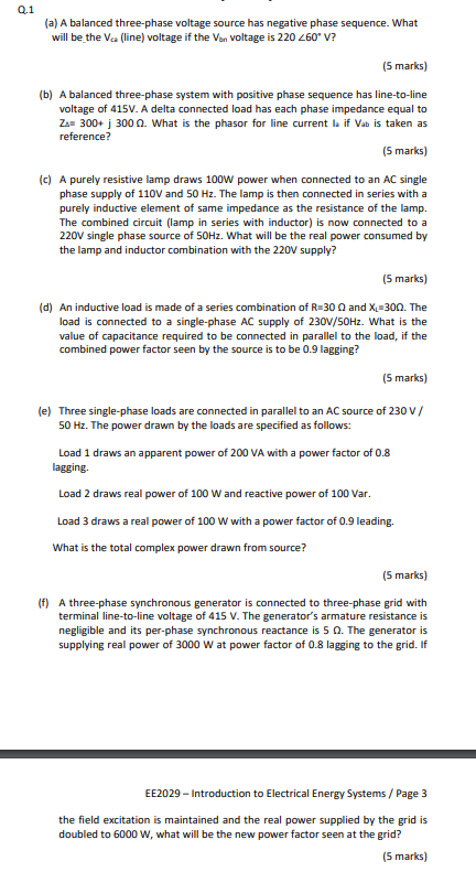 Solved Q.1 (a) A balanced three-phase voltage source has | Chegg.com