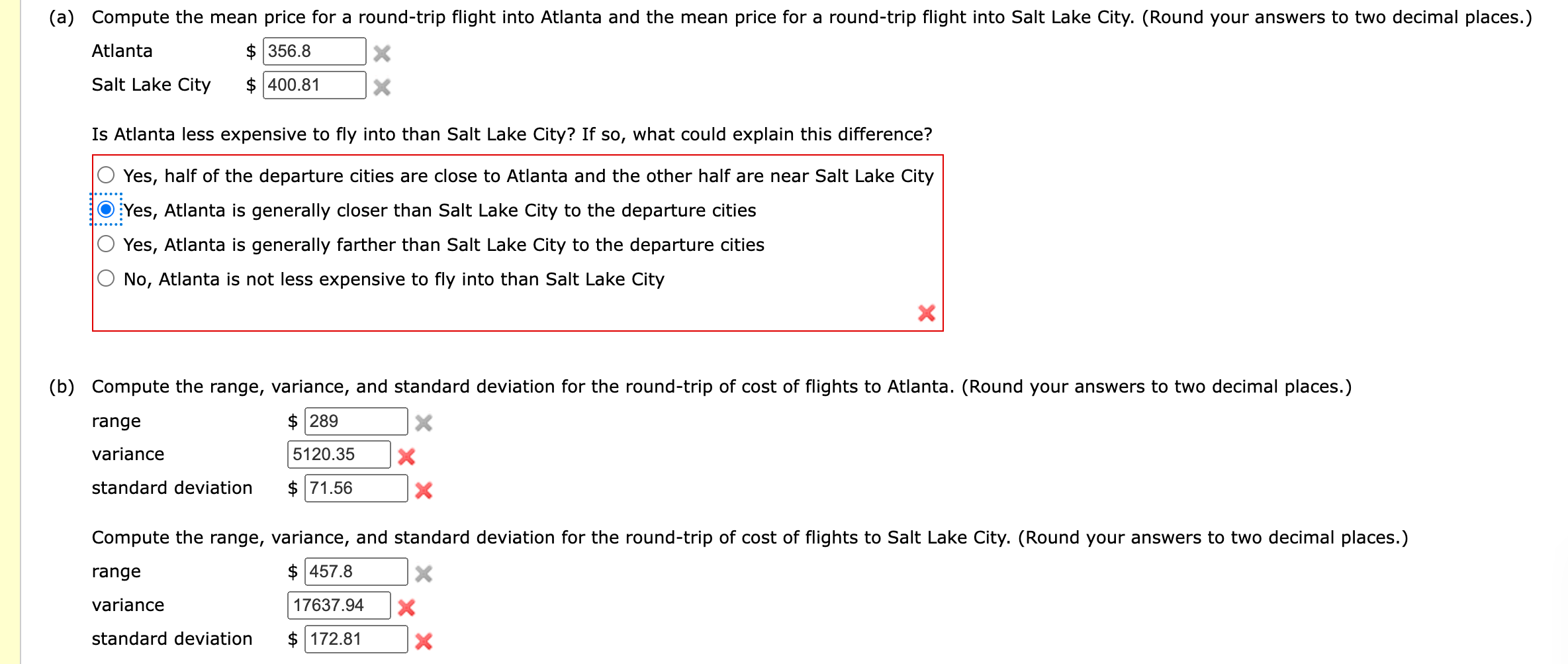 Solved The Following Table Displays Round-trip Flight Prices | Chegg.com