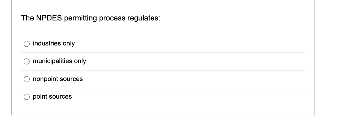 Solved The NPDES permitting process regulates: industries | Chegg.com