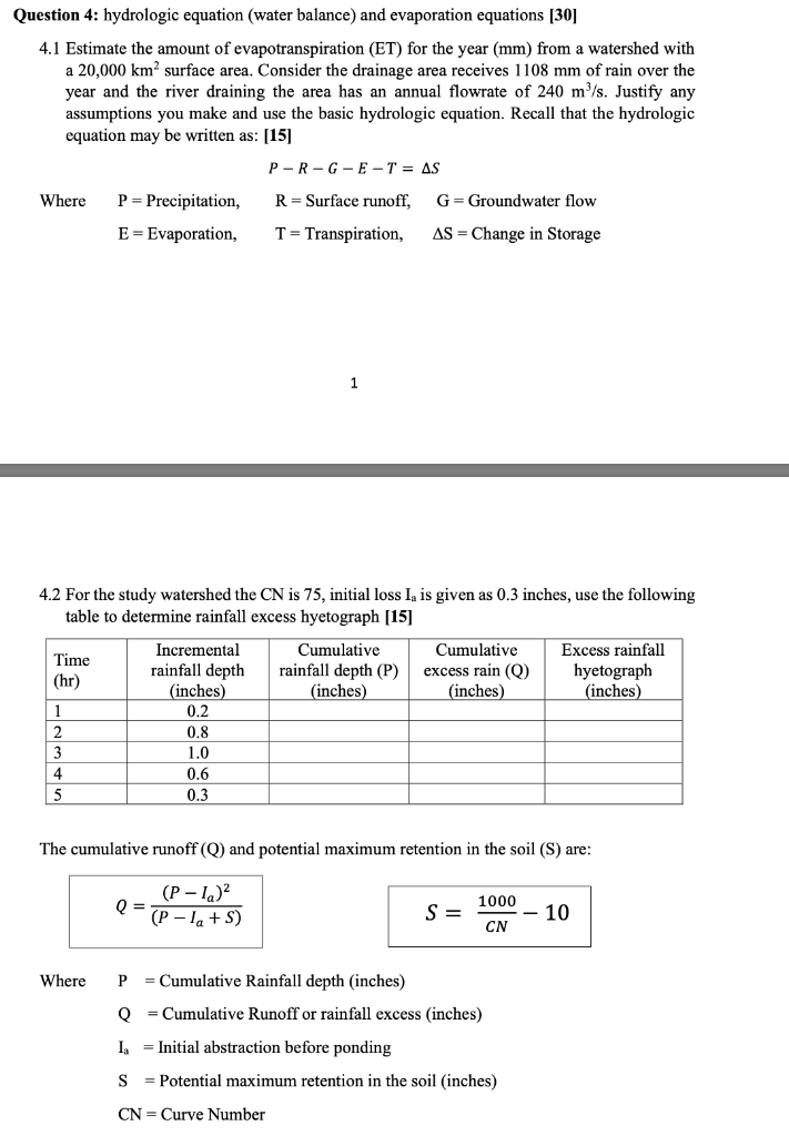 Solved Question 4 hydrologic equation (water balance) and