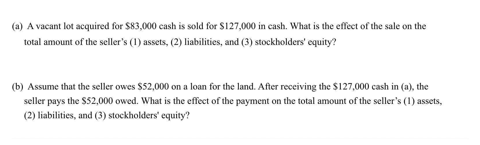 Solved (a) A vacant lot acquired for $83,000 cash is sold | Chegg.com