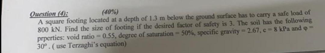 Solved Question (4): (40%) A square footing located at a | Chegg.com