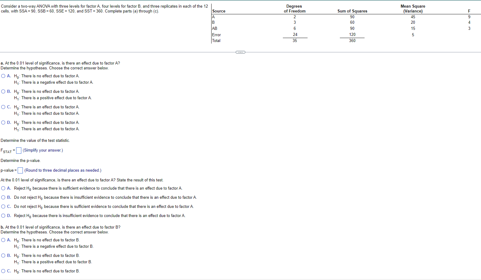 Solved Consider a two-way ANOVA with three levels for factor | Chegg.com