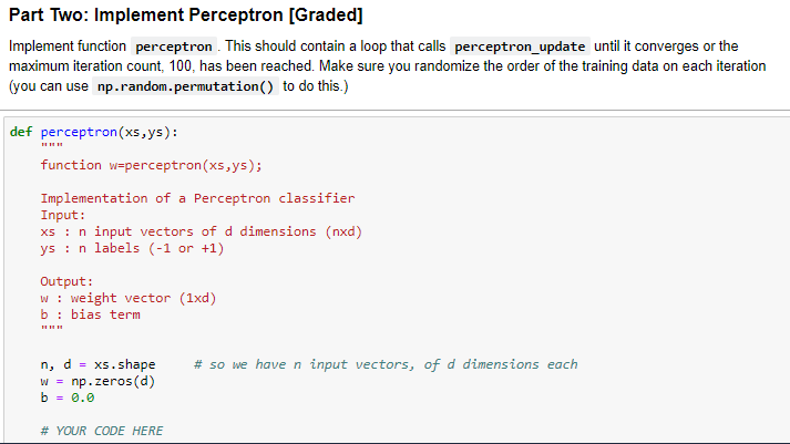 Solved Part Two: Implement Perceptron (Graded] Implement | Chegg.com