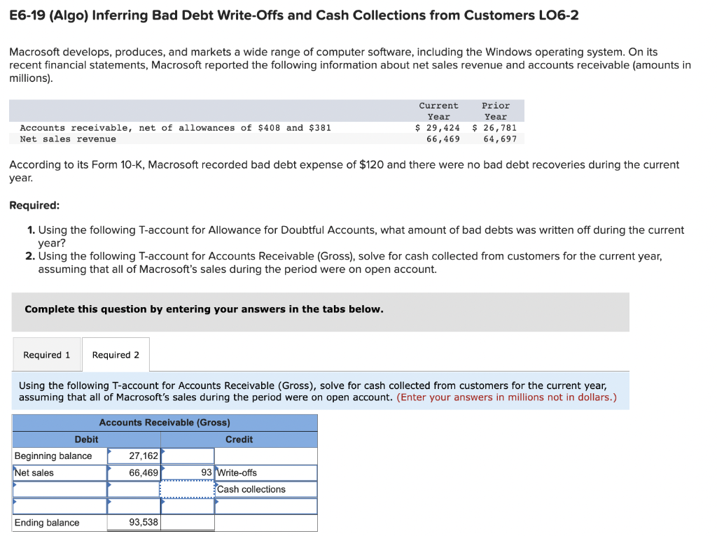 Solved E6-19 (Algo) Inferring Bad Debt Write-Offs and Cash | Chegg.com