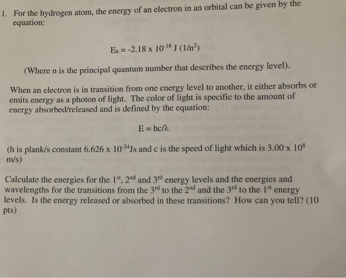 Solved For the hydrogen atom, the energy of an electron in | Chegg.com