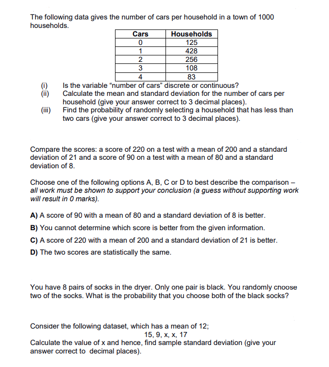 Solved The Following Data Gives The Number Of Cars Per | Chegg.com