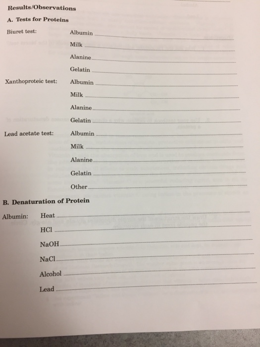 Solved Results/Observations A. Tests for Proteins Biuret