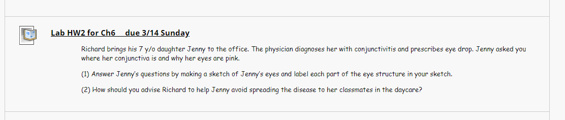 Lab HW2 for Ch6 due 3/14 Sunday. Richard brings his 7 y/o daughter Jenny to the office. The physician diagnoses her with conj