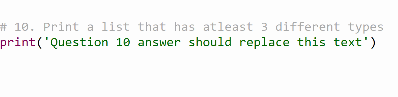 Solved \# 10. Print a list that has atleast 3 different | Chegg.com image.