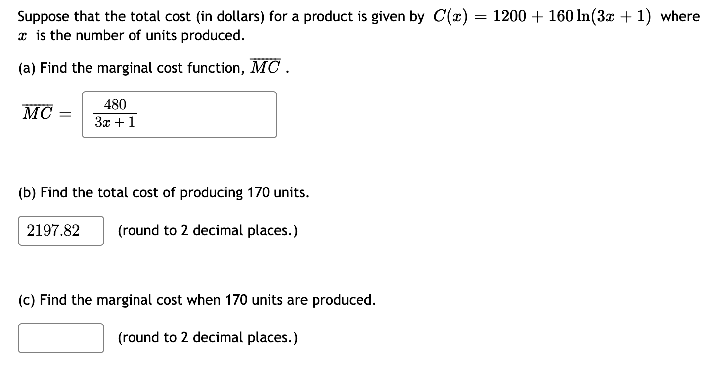Solved Suppose that the total cost (in dollars) for a | Chegg.com