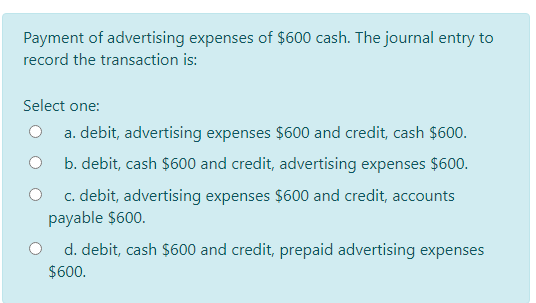 Solved Payment of advertising expenses of $600 cash. The | Chegg.com