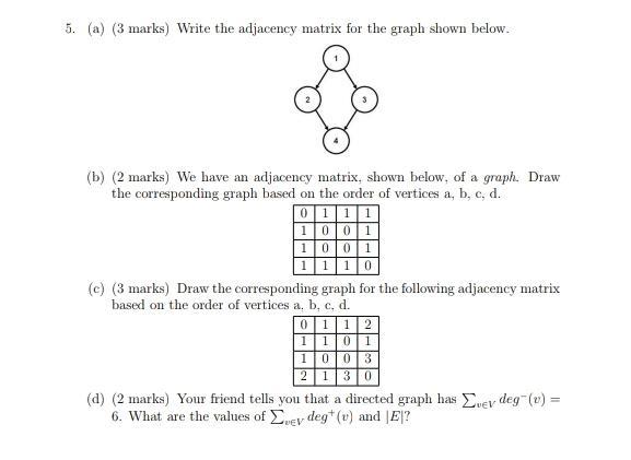 Solved 5. (a) (3 marks) Write the adjacency matrix for the | Chegg.com