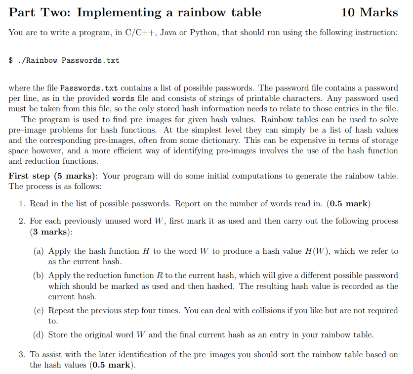 Solved Part Two: Implementing a rainbow table 10 Marks You