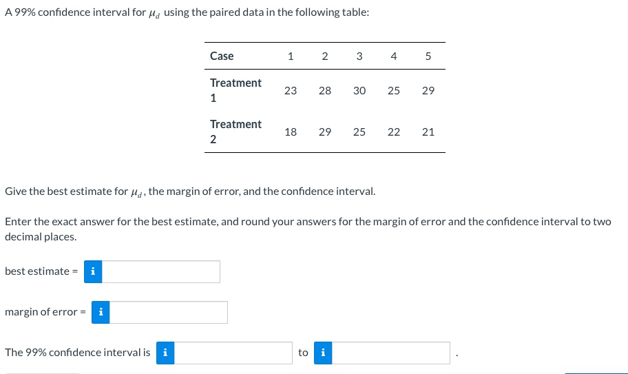 Solved A 99\% confidence interval for μd using the paired | Chegg.com