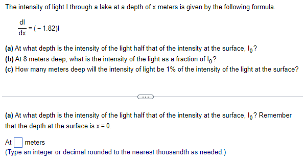 Solved The Intensity Of Light I Through A Lake At A Depth Of | Chegg.com