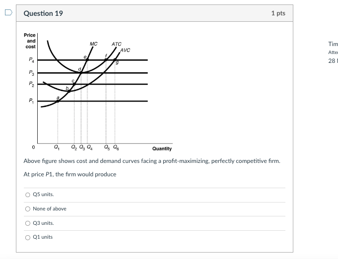 Above figure shows cost and demand curves facing a profit-maximizing, perfectly competitive firm.
At price \( P 1 \), the fir