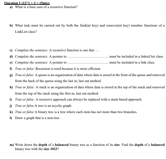 Solved Question 1 (12*1 + 3 = 15pts): a) What is a base case | Chegg.com