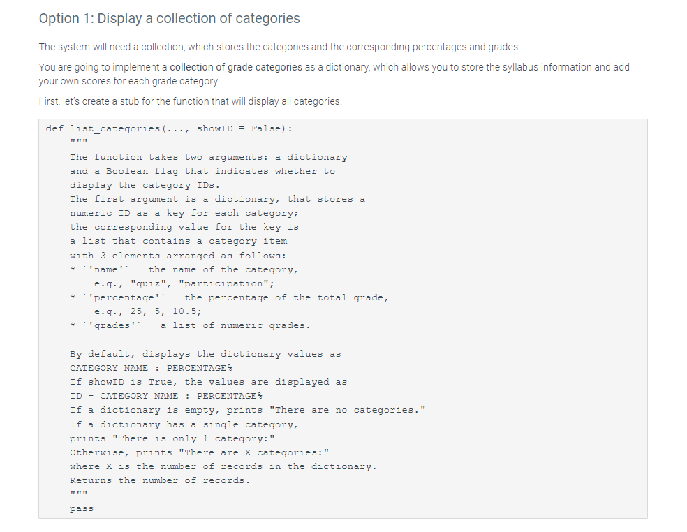 Option 1: Display a collection of categories The | Chegg.com